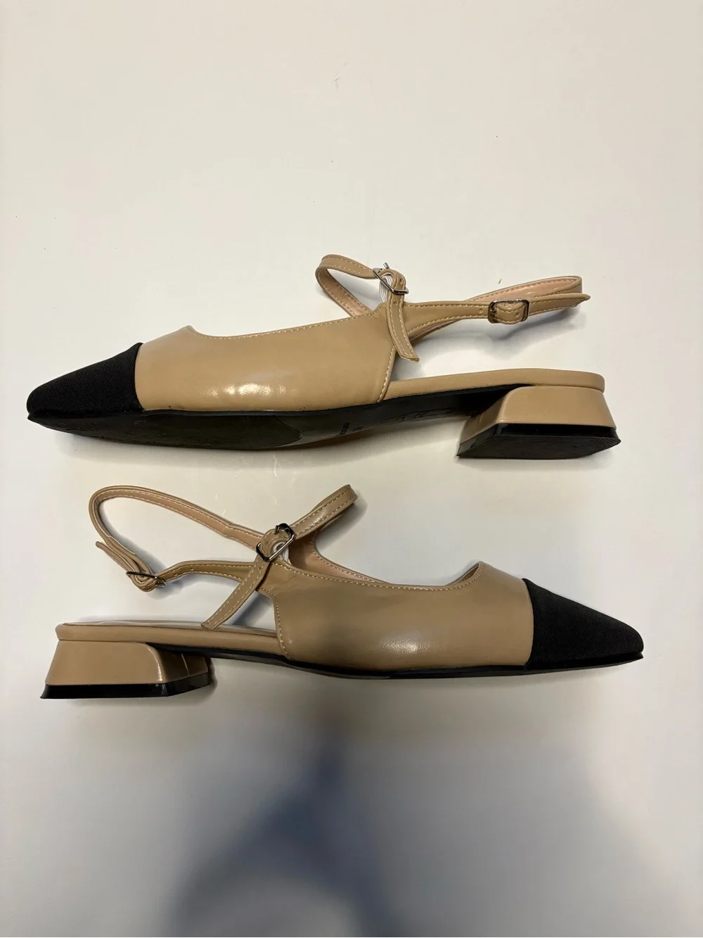C. Petrovano Beige and Black Cap-Toe Slingback Flats